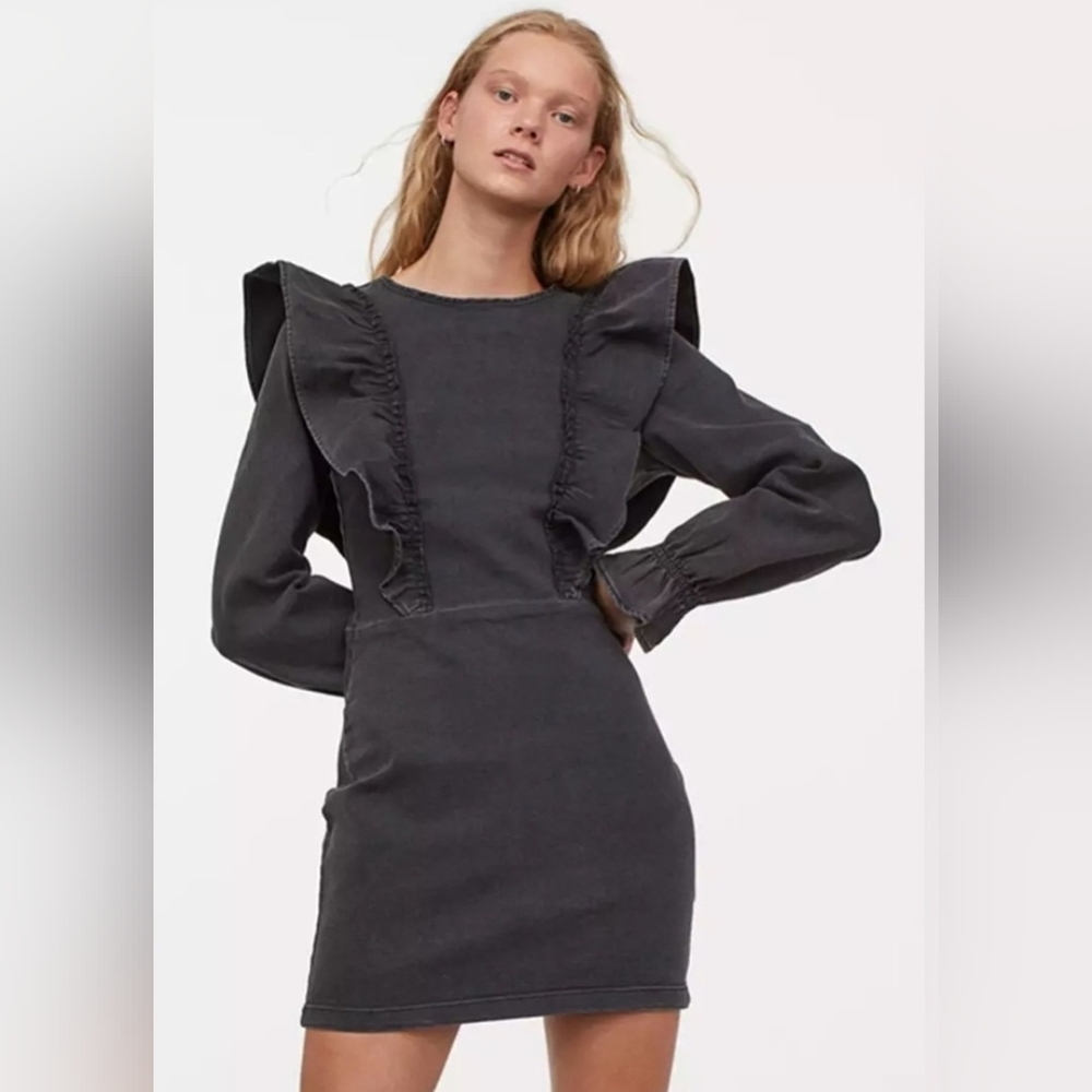 H&M Divided Women's Sz S Washed Black Denim Jean Ruffle MIni Dress Long Sleeve